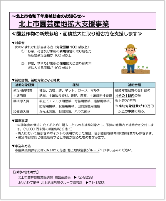北上市園芸産地拡大支援事業チラシ