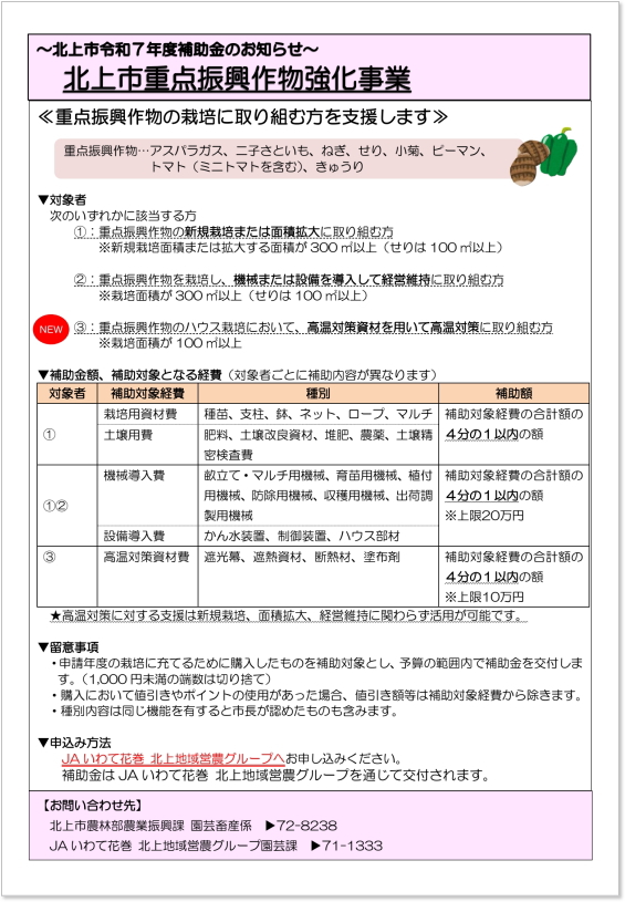 北上市重点振興作物強化事業チラシ